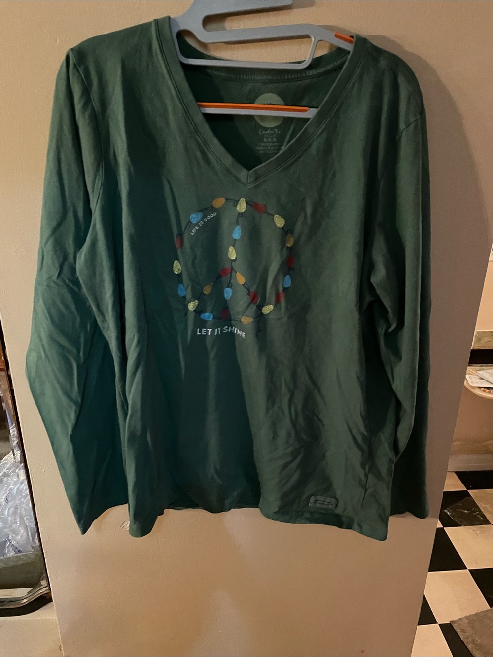 Life Is Good Green Long-Sleeve V-Neck Tee with Peace sign holiday light Graphic